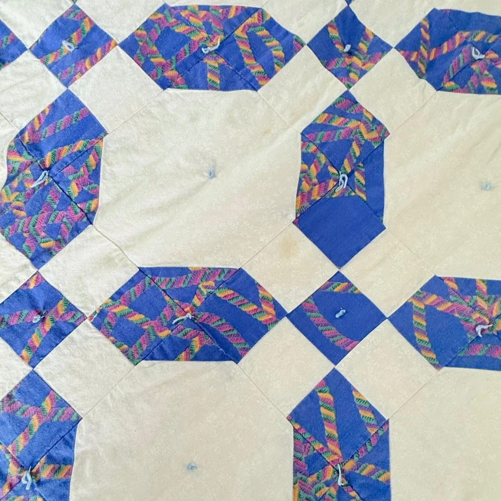 VTG Handmade Patchwork Quilt Throw Twin Purple Cream Tied Cottagecore 1990